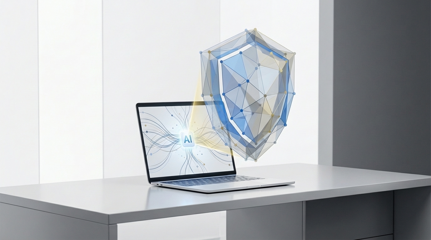 Laptop with AI chip projecting a geometric digital shield representing cybersecurity protection for small businesses